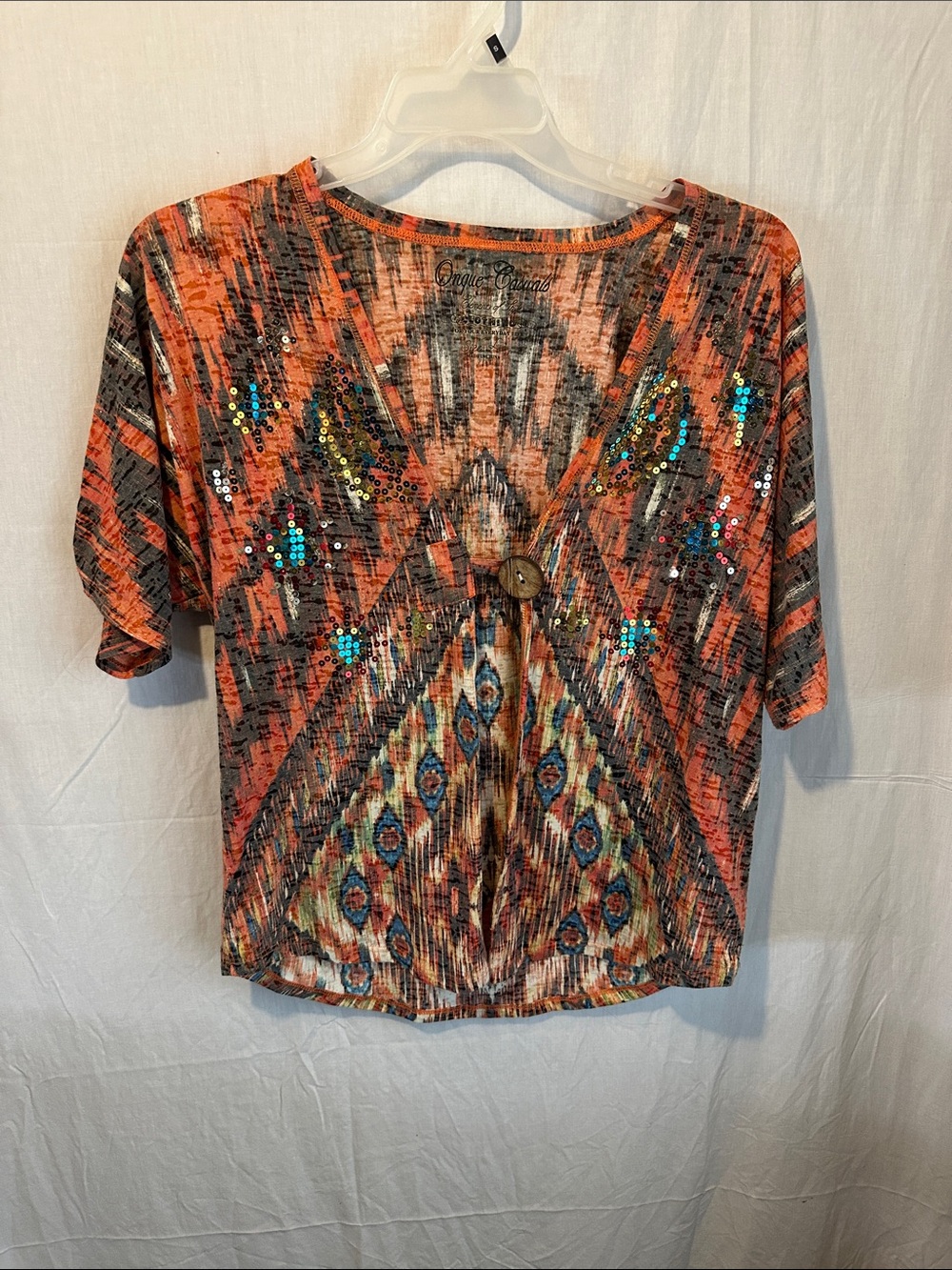 Onque Casuals Orange Patterned Short Sleeve Top with Sequin Accents